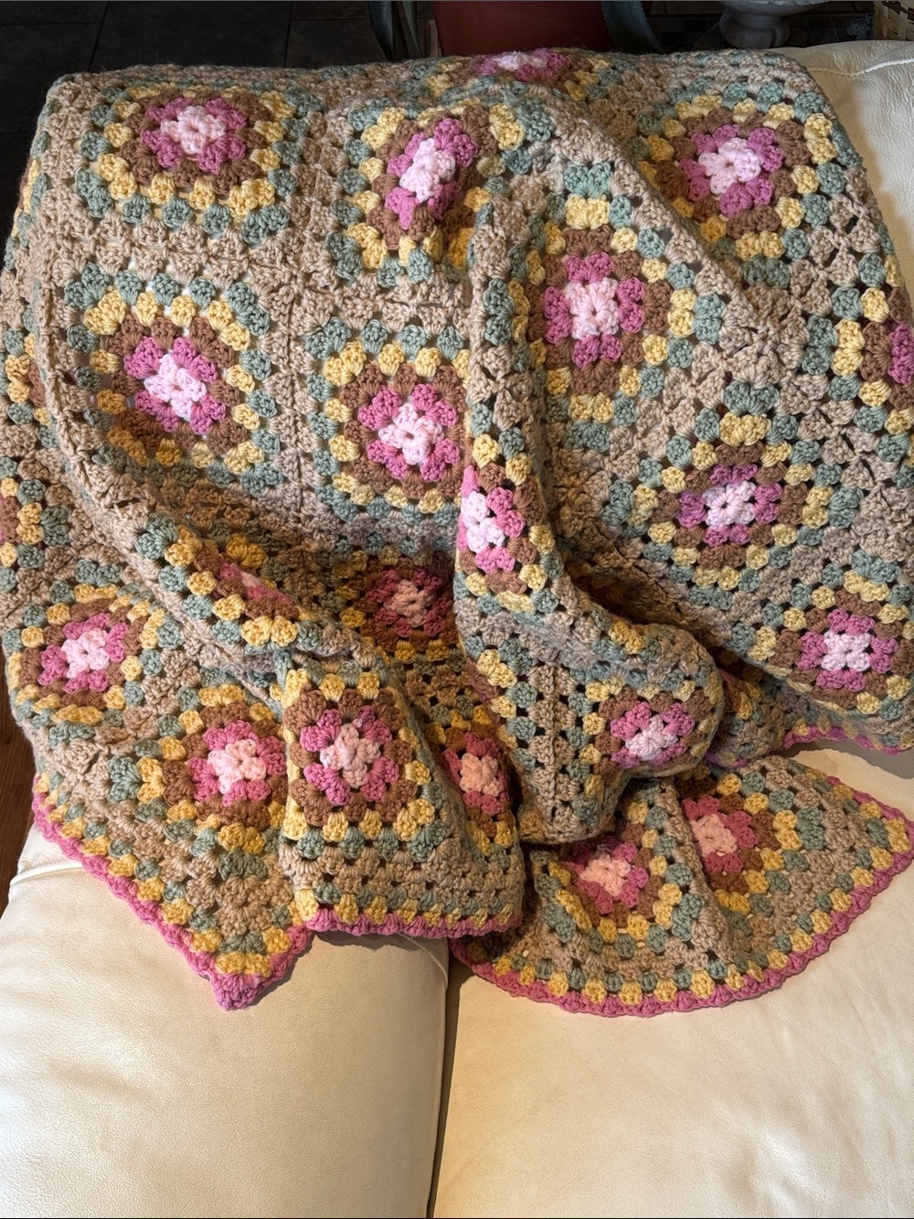 Handmade Blanket-Crocheted Granny Square-Pink/Brown/Green/Yellow-Gently Used - Picture 13 of 17